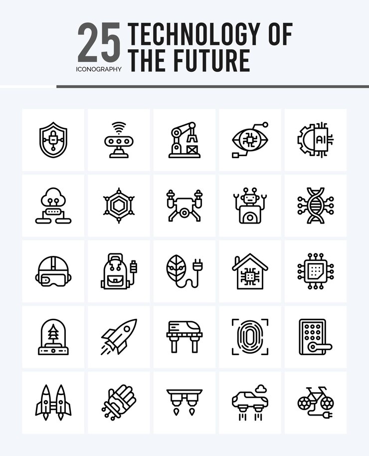 25 Technologie der Zukunft Umrisssymbole Packvektorillustration
