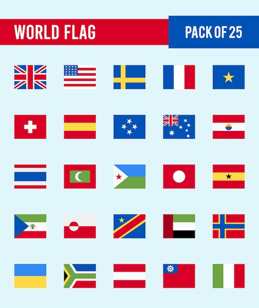25 Weltflaggen Quadratische Symbole Packvektorillustration