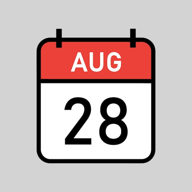 28. August, rot-weiße Kalenderseite mit schwarzem Umriss, Kalenderdatum, einfache Vektorillustration