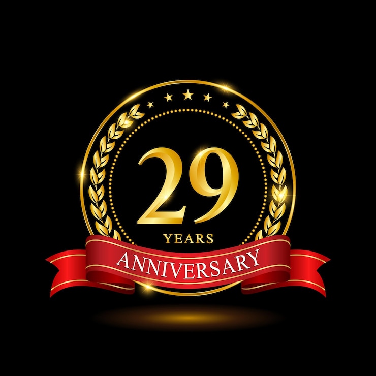 Vektor 29 jahre jubiläumsschablonendesign mit glänzendem ring und rotem lorbeerkranz mit schleife isoliert auf schwarzem hintergrund-logo-vektor