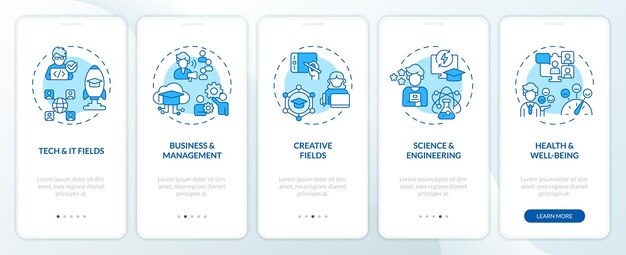2D-blaue Ikonen, die den Bildschirm der mobilen MOOC-App darstellen, durchlaufen 5 Schritte grafische Anweisungen mit linearen Ikonen Konzept UI UX GUI Vorlage