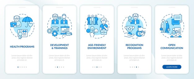2D-Ikonen, die den Bildschirm der mobilen App unretirement darstellen Walkthrough 5 Schritte blaue grafische Anweisungen mit dünnen Linien Ikonen Konzept UI UX GUI Vorlage