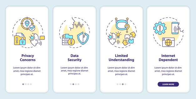 2D-Symbole, die den Bildschirmsatz für Sprachassistenten für mobile Apps darstellen. Walkthrough in 4 Schritten, farbenfrohe grafische Anweisungen mit dünnen Liniensymbolen. Konzept UI UX GUI-Vorlage
