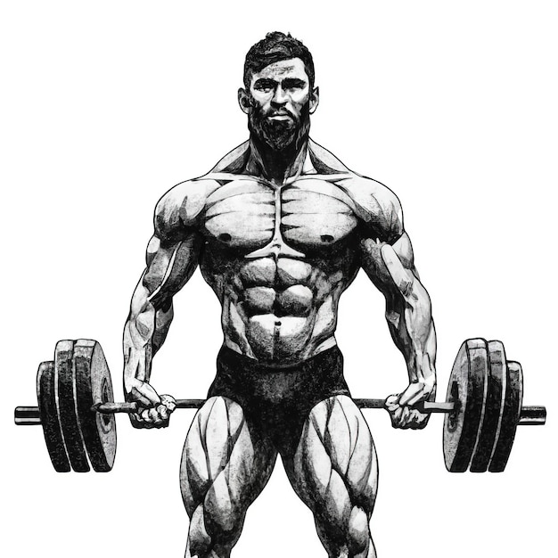 2d-Vektor starke Muskelpose starke Bodybuilder Anatomie haarig im Fitnessstudio mit Bündel Übungen machen