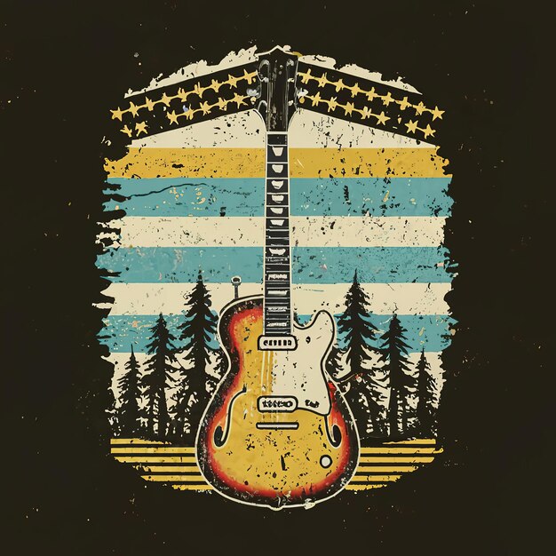 Vektor 2d-vektorillustration retro-gitarre mit bäumen und stadt im hintergrund sommer-t-shirt