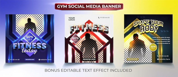 3 in 1 Fitness Fitness Promotion Banner Vorlage mit bunten und bearbeitbaren Text-Effekten