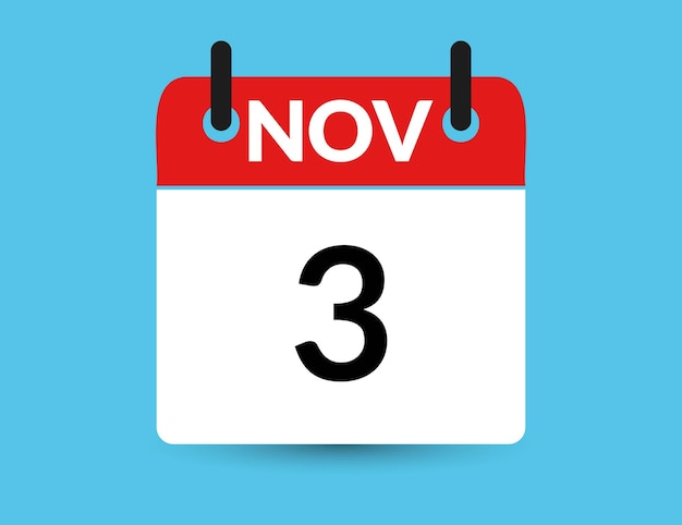 Vektor 3. november flach-icon-kalender isoliert auf blauem hintergrund datums- und monatsvektor-illustration