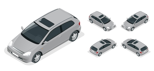 Vektor 3-türiges hatchback-auto isoliert. vektorisometrische symbole festgelegt. auto-vektor-vorlage auf weißem hintergrund. die fähigkeit, die farbe einfach zu ändern. städtischer transport.