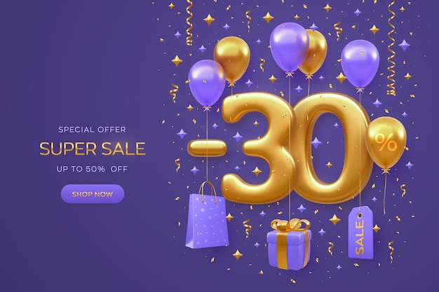 30 prozent rabatt aktion sale banner design auf lila hintergrund realistische gold 3d 30 zahl mit einkaufstasche preisschild geschenkbox mit goldener schleife fliegen heliumballons vektor-illustration