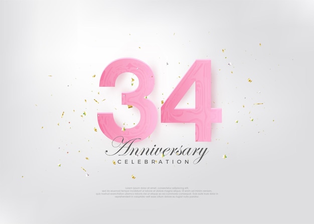 34. Jubiläumsfeier mit wunderschönen rosa Zahlen und einem sehr charmanten Premium-Vektorhintergrund für Begrüßung und Feier