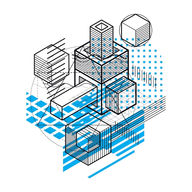 3d abstract vector isometric background. Layout of cubes, hexagons, squares, rectangles and different abstract elements.