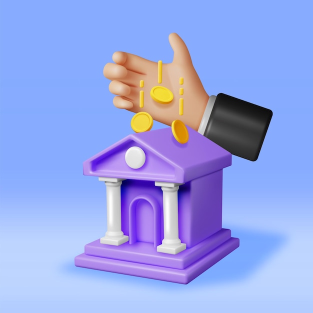 3D-Bankgebäude und Hand mit Münze