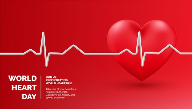 3D-Banner zum Weltherztag mit einem roten Herz-Symbol, das Gesundheit und Kardiologie betont