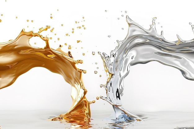 3D-Bild von zwei flüssigen Spritzen, einer in Gold und der andere in Silber auf weißem Hintergrund