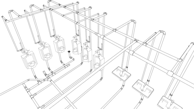 Vektor 3d-bildung von gebäudekonstruktion und rohrleitungen