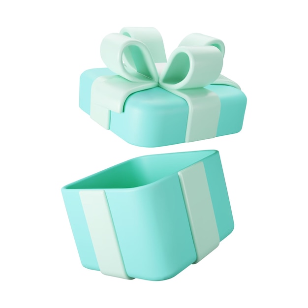 3D-blaue offene Geschenkbox mit Pastellbandbogen isoliert auf weißem Hintergrund. 3D-Render fliegenden modernen Urlaub offene Überraschungsbox. Realistisches Vektorsymbol für Geschenk-, Geburtstags- oder Hochzeitsbanner.