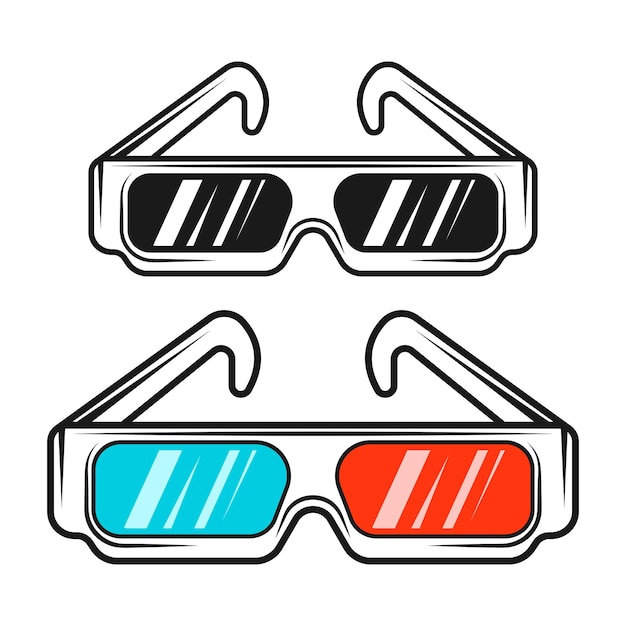 3d-brille aus papier in zwei stilen, farbig, schwarz und weiß, isolierte vektorillustration