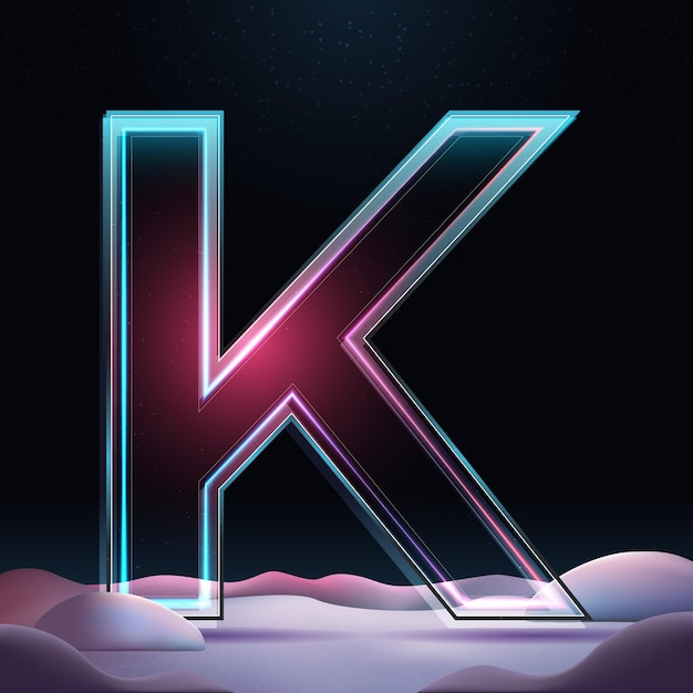 3d-buchstabe k mit neonlicht-einblick glasbuchstabe mit funkeln und winterhintergrund feriendekoration element für design-posterwerbung oder spiel illustration