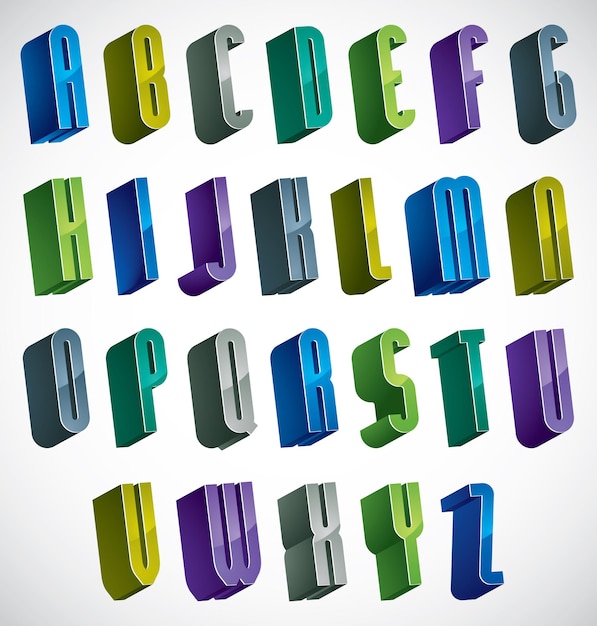 3D bunte Buchstaben Alphabet, dimensionale Schrift in blauen und grünen Farben, helle und glänzende Buchstaben für Design und Werbung.