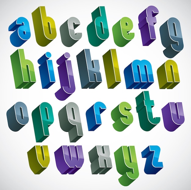 Vektor 3d bunte buchstaben alphabet, dimensionale schrift in blauen und grünen farben, helle und glänzende buchstaben für design und werbung.
