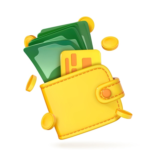 3D-Cartoon-Brieftasche mit Dollar-Banknoten und -Münzen Bargeld im Geldbeutel Geldsparkonzept Geschäftliche Finanzinvestitionen Online-Zahlung und Cashback Vektor-3D-Darstellung
