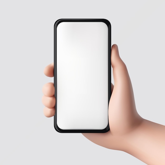 3D-Cartoon-Hand, die ein mobiles Smartphone hält
