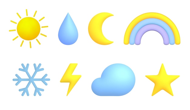 3d-cartoon-wettersymbole eingestellt sonne, mond, sterne, regenbogen, wolke, blitz, regentropfen, schneeflocke