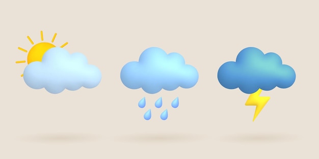 3d-cartoon-wettersymbole eingestellt sonne wolke regen blitz donner