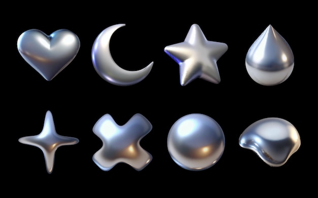 3d-Chrom Y2K-Metallelemente-Set Vektorillustration