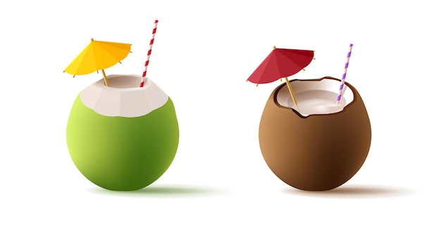 Vektor 3d-cocktails aus grüner kokosnuss und reifer kokosnuss mit strohhalm und regenschirm machen realistische 3d-darstellung