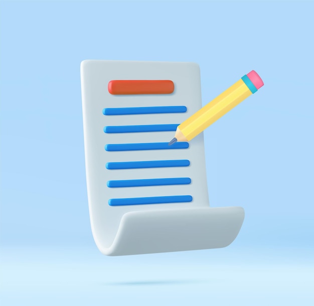 3D-Copywriting-Schreib-Symbol Dokumentkonzept Kreatives Schreiben und Geschichtenerzählen Bildungskonzept 3D-Rendering Vektorillustration