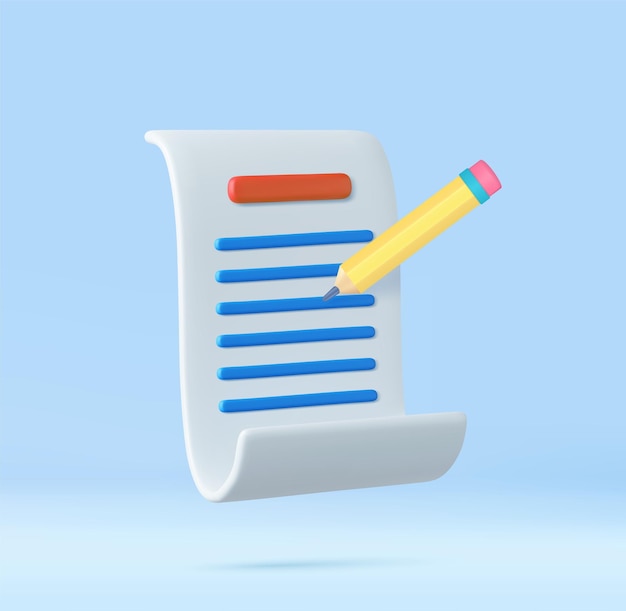 3D-Copywriting-Schreib-Symbol Dokumentkonzept Kreatives Schreiben und Geschichtenerzählen Bildungskonzept 3D-Rendering Vektorillustration