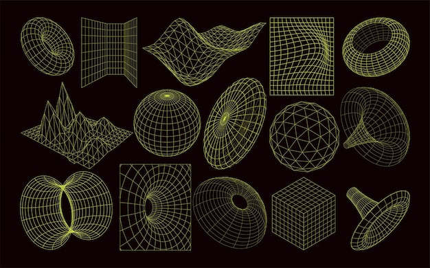 3D-Cyberpunk-Gitter-Wireframe-Form-Set Warp-Retro-Futuristische geometrische Ikonen-Vektor-Sammlung