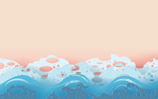 3D-Darstellung abstrakter Meereswellen am Strand. Sommersaison Hintergrund mit Meeresküste.Kreatives Design Papierkunst Meereswellen mit Linien Kurve und Blasen.Digitaler Papierschnitt und Handwerksstil.Vektor