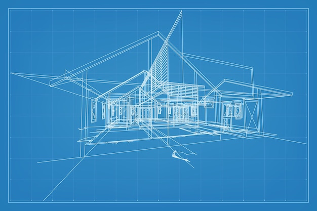 Vektor 3d-darstellung der drahtgitterstruktur eines gebäudes. perspektivisches drahtgitter eines hauses