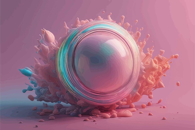 3D-Darstellung einer bunten Kugel auf dem Hintergrund mit abstrakten geometrischen Formen in rosa Licht