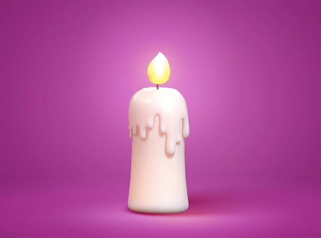 3D-Darstellung einer weißen Kerze mit brennender Flamme isoliert auf violettem Hintergrund