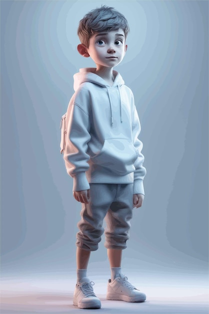 Vektor 3d-darstellung eines süßen jungen mit kapuzenpullover und turnschuhen. 3d-darstellung eines süßen jungen mit kapuzenpullover und turnschuhen