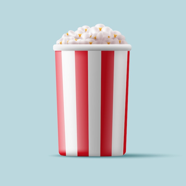 3D-Darstellung von Popcorn in einer runden Schachtel mit roten Linien für Werbung im Kino und Promotion