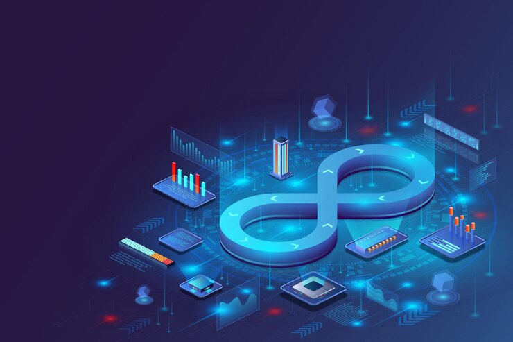 Vektor 3d devops entwicklungsdienst kontinuierliches ikon lieferung von software-app zyklus wolke des prozesses digitale verbindung agile technologie daten-infografik vektor isometrischer hintergrund