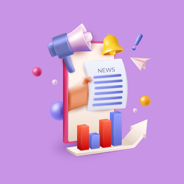 3D-digitale Nachrichtenelemente Marketing-Newsletter in der Telefon-App Rendering von Smartphone Mobilen Online-Informationen Zeitung in der Hand Lautsprecher und Ankündigung Glocke Vektor-Illustration-Ikonen