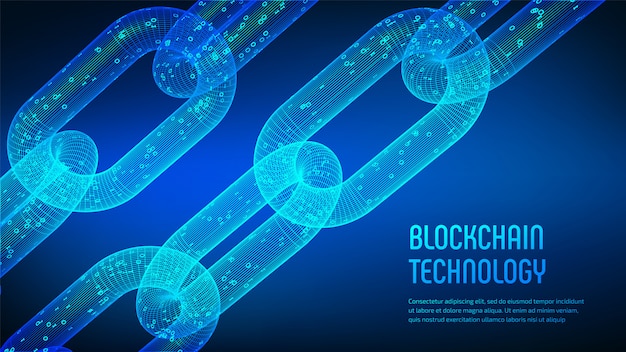 3D-Drahtgitterkette mit digitalem Code. Blockchain.