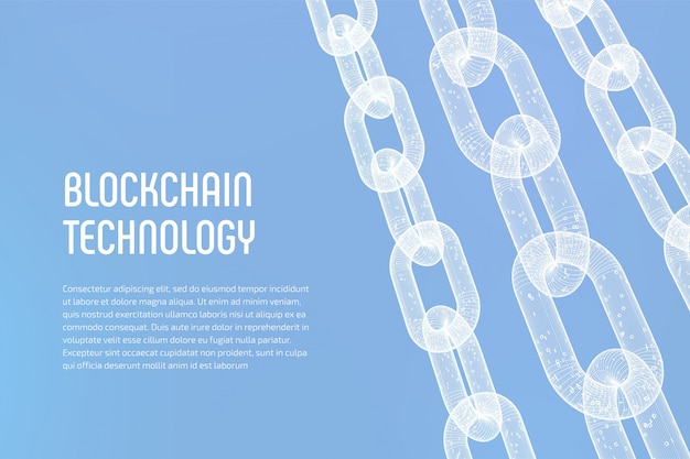 3D-Drahtgitterkette mit digitalem Code. Blockchain.