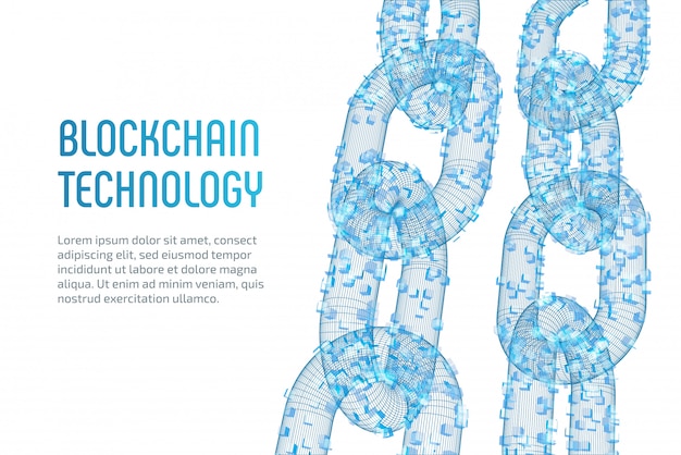 3d-drahtgitterkette mit digitalen blöcken. blockchain-konzept.