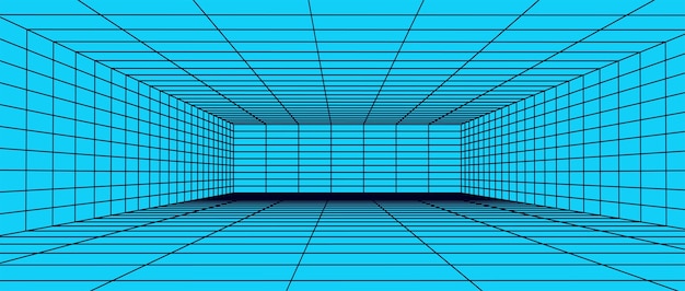 3D-Drahtgitterraum auf blauem Hintergrund Abstrakte Perspektive Gitter Vektor-Illustration