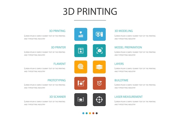 3d-druck infografik 10-optionskonzept. 3d-drucker, filament, prototyping, modellvorbereitung einfache symbole