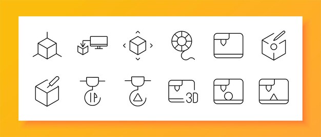 3D-Druck- und Modellierungs-Set-Symbol Cube-Modell-Computer-Einstellung Druckerfilament-Software-Box 3D-Stift-Schicht-Auswahl Drucker-Bett-Extruder-Düse-Design-Symbole für 3D-Drücken und digitale Modellierung
