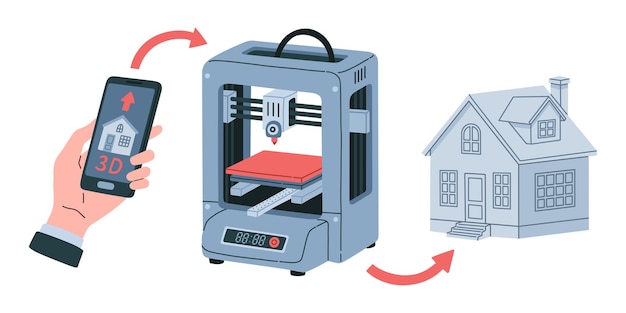 Vektor 3d-druck von flachvektor-illustrationen von häusern, bau von gebäudemodellen auf einem 3d-printer