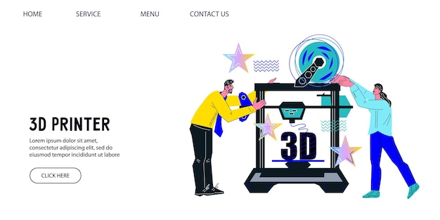 3D-Druckservice-Website-Banner mit Ingenieur, der ein dreidimensionales Objekt druckt