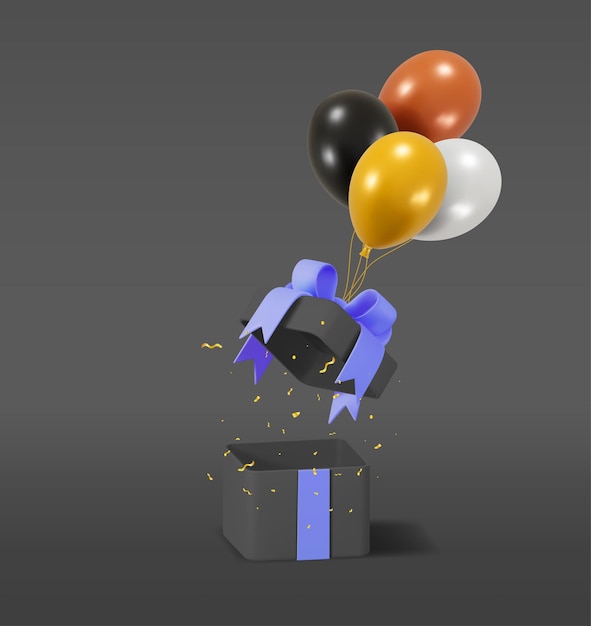 Vektor 3d dunkel glänzende geschenkbox mit ballonglitter